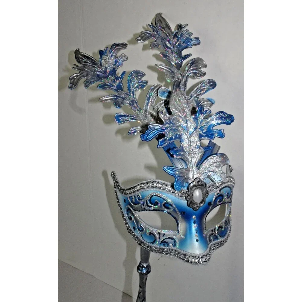 Beautiful Venetian Hand Painted Mask Venice Blue Masquerade with Handle Dated